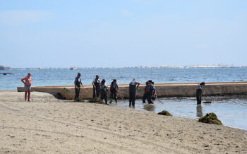 Una cuadrilla de operarios retira biomasa en la playa de La Ribera