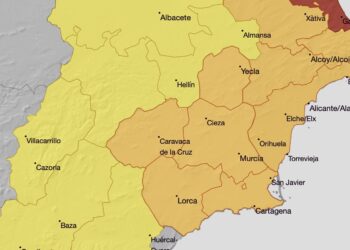 Mapa de previsiones de la Aemet con la alerta naranja en la zona Mar Menor