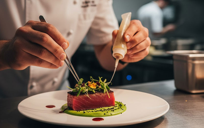 Chef decorando un plato con atún y salsa verde en Gastromar 2025.