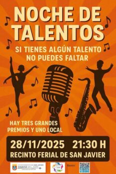 Cartel de la Noche de Talentos con micrófono y bailarines