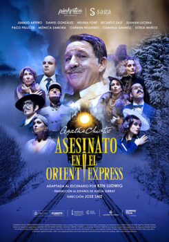 Cartel de la obra teatral Asesinato en el Orient Express con actores destacados.
