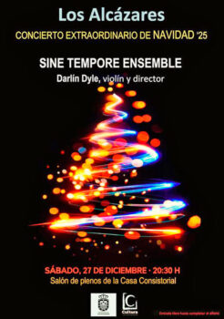Cartel del concierto extraordinario de Navidad con luces y árbol navideño