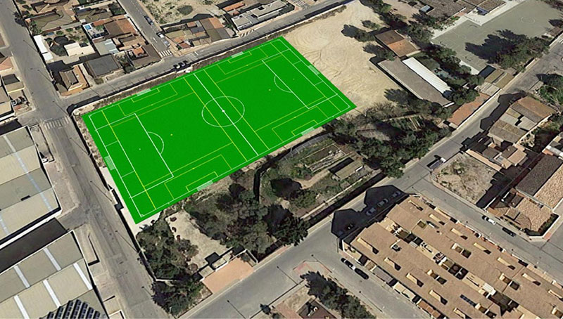 Vista aérea del nuevo campo de fútbol en San Javier con césped artificial