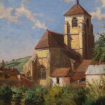 Pintura de un paisaje con una iglesia y casas en el campo.
