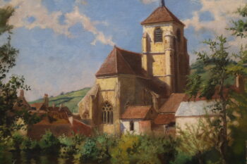 Pintura de un paisaje con una iglesia y casas en el campo.