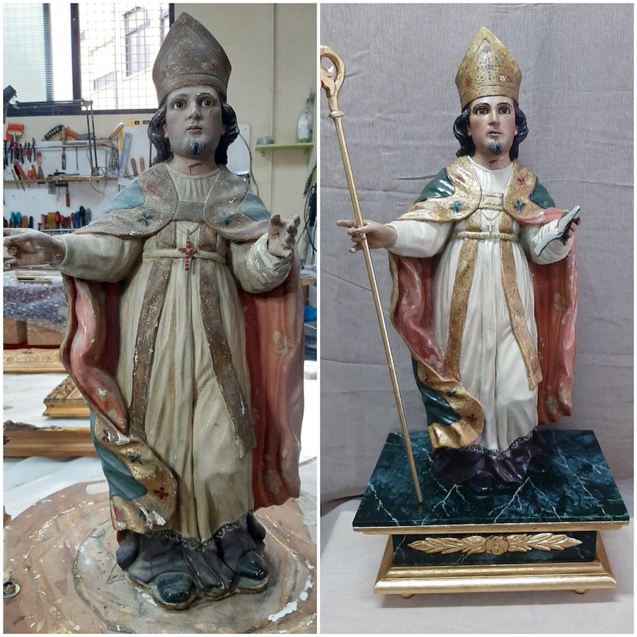 Talla restaurada de San Blas del siglo XIX mostrando su nuevo brillo.