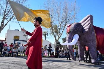 Un hombre con bandera dorada y un elefante inflable en el carnaval