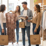 Grupo de amigos disfrutando de compras en una tienda de ropa