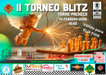 Cartel del II Torneo Blitz de Ajedrez en Torre Pacheco con un ángel y piezas de ajedrez.