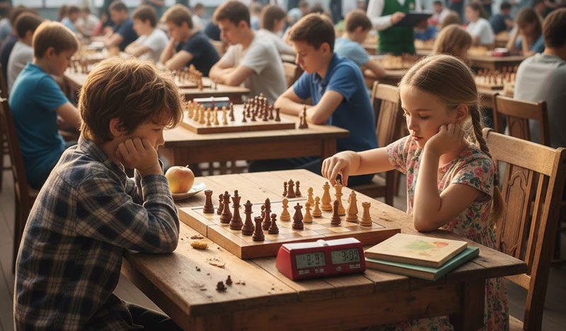 Niños jugando al ajedrez en un torneo escolar con tableros y relojes.