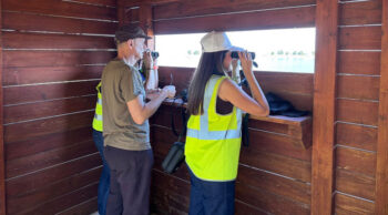 Personas observando aves en el observatorio de Cabezo Beaza