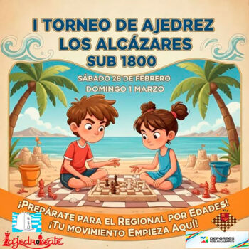 Cartel del I Torneo de Ajedrez Los Alcázares con niños jugando ajedrez