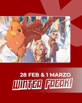 Cartel del evento Winter Freak con personajes de anime y un ave fantástica.