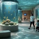 Interior del centro científico con acuarios y visitantes observando
