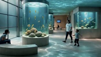 Interior del centro científico con acuarios y visitantes observando