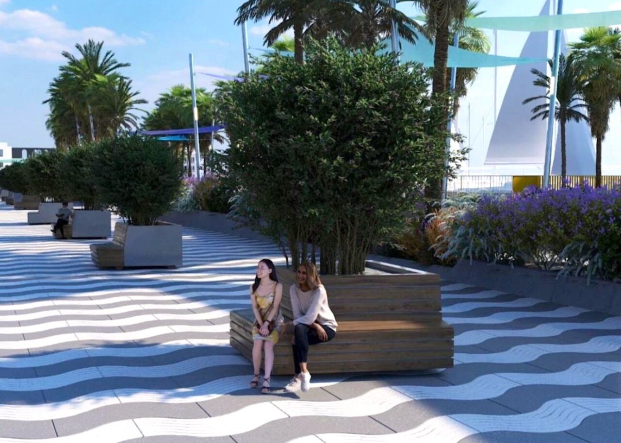 Render de la nueva explanada en Lo Pagán con vegetación y pavimento absorbente