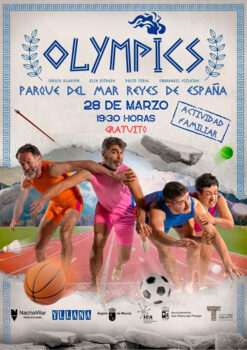 Cartel del evento 'Olympics' con actores en trajes deportivos