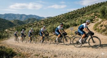Grupo de ciclistas en una ruta montañosa durante un evento solidario