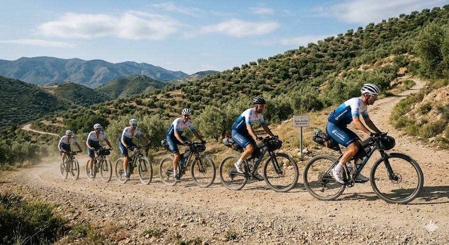 Grupo de ciclistas en una ruta montañosa durante un evento solidario