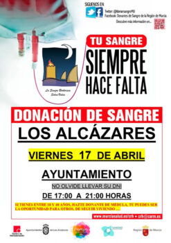 Cartel de donación de sangre en Los Alcázares con información sobre el evento.