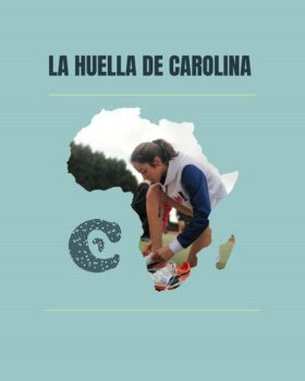 Cartel de la campaña La Huella de Carolina con una niña atándose los zapatos