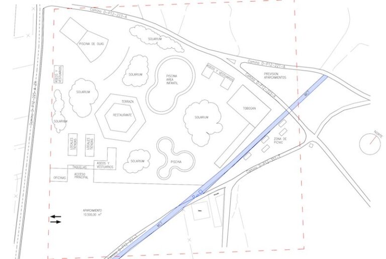 Plano del parque acuático en San Javier con áreas recreativas y piscinas