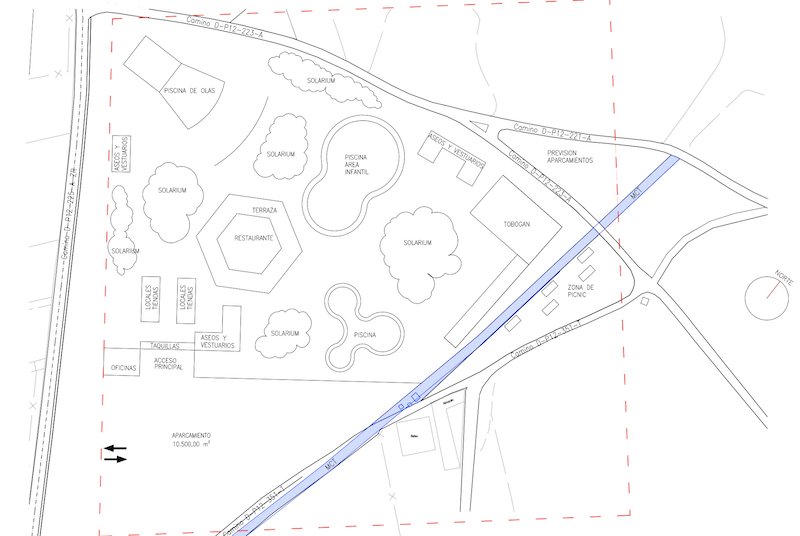 Plano del parque acuático en San Javier con áreas recreativas y piscinas