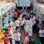 Multitud en la Feria de la Salud en Pilar de la Horadada con módulos informativos.