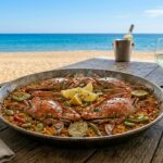 Plato de paella con cangrejo azul en la playa