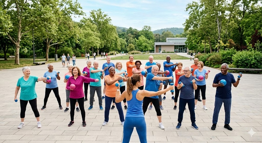 Grupo de personas mayores participando en una actividad física al aire libre