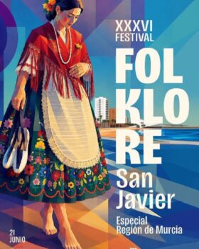 Cartel del festival de folclore en San Javier con una mujer vestida tradicionalmente