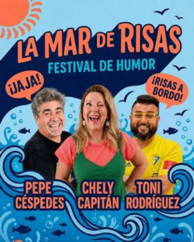 Cartel del festival de humor La Mar de Risas con tres comediantes.