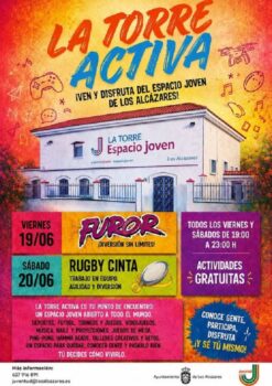 Cartel promocional de La Torre Activa en Los Alcázares con actividades para jóvenes.