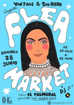 Cartel del mercadillo vintage en el Parque El Palmeral con detalles coloridos.