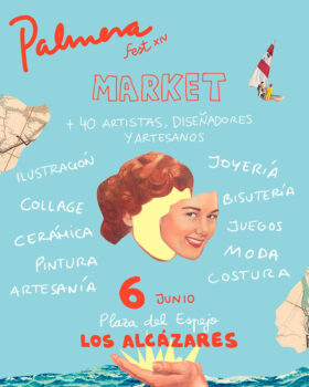 Cartel del Palmera Fest Market con información sobre artistas y actividades.