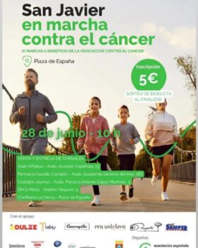 Cartel de la marcha contra el cáncer en San Javier con personas corriendo.
