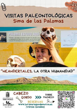 Guía mostrando cráneo neandertal en la Sima de las Palomas