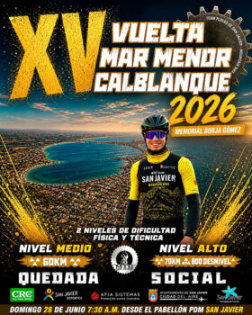Cartel del evento Vuelta Mar Menor Calblanque 2026 con ciclista y paisajes