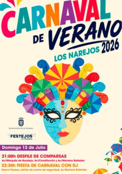 Cartel del Carnaval de Verano 2026 en Los Narejos con colores vibrantes.