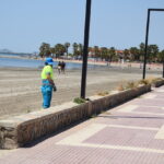 Persona limpiando la playa de Los Narejos en Los Alcázares