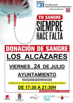 Cartel de donación de sangre en Los Alcázares con información importante.