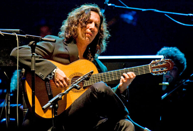 Músico tocando la guitarra en un festival flamenco