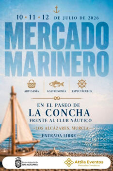 Cartel del Mercado Marino en Los Alcázares con un barco en el mar.
